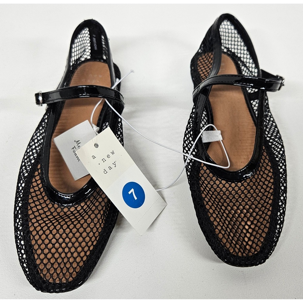 A New Day Black Mesh Mary Jane Flats Square Toe Memory Foam Shoes Womens 7 NWT